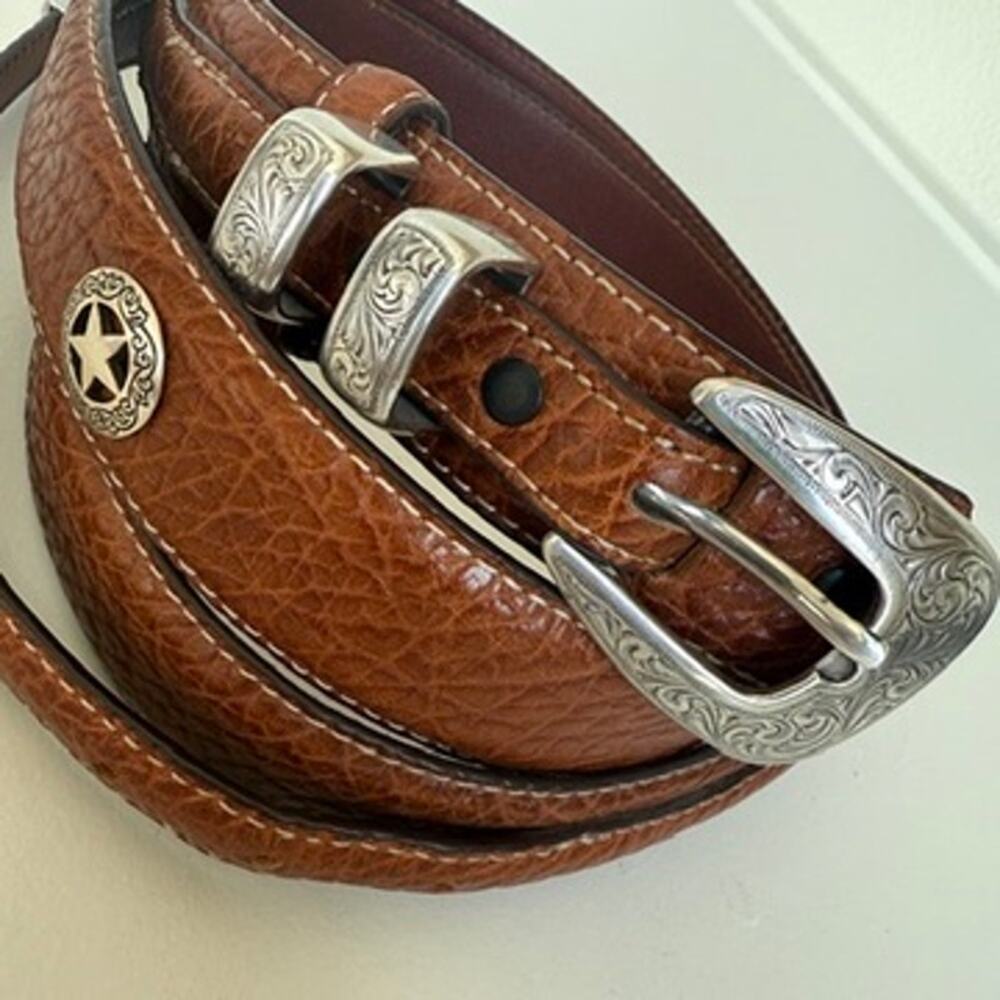 Western Tooled Silver Buckle‎ Belt American Bison Leather Brown Size 48 Cowboy - Picture 2 of 9